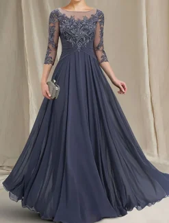 A-Line Mother of the Bride Dress Elegant Jewel Neck Floor Length Chiffon Lace 3/4 Length Sleeve with Pleats Appliques