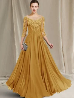 A-Line Mother of the Bride Dress Elegant Jewel Neck Floor Length Chiffon Lace 3/4 Length Sleeve with Pleats Appliques