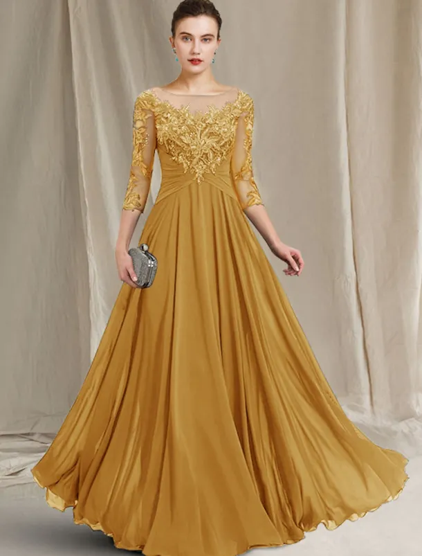A-Line Mother of the Bride Dress Elegant Jewel Neck Floor Length Chiffon Lace 3/4 Length Sleeve with Pleats Appliques