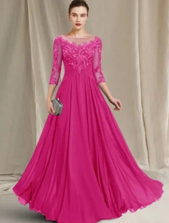 A-Line Mother of the Bride Dress Elegant Jewel Neck Floor Length Chiffon Lace 3/4 Length Sleeve with Pleats Appliques