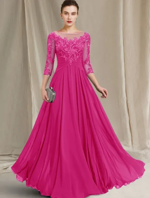 A-Line Mother of the Bride Dress Elegant Jewel Neck Floor Length Chiffon Lace 3/4 Length Sleeve with Pleats Appliques
