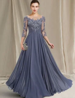 A-Line Mother of the Bride Dress Elegant Jewel Neck Floor Length Chiffon Lace 3/4 Length Sleeve with Pleats Appliques