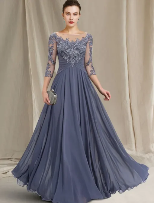 A-Line Mother of the Bride Dress Elegant Jewel Neck Floor Length Chiffon Lace 3/4 Length Sleeve with Pleats Appliques