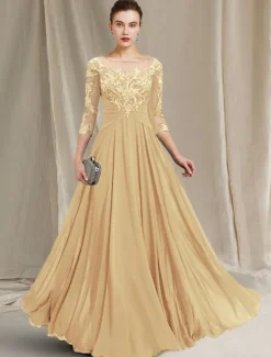 A-Line Mother of the Bride Dress Elegant Jewel Neck Floor Length Chiffon Lace 3/4 Length Sleeve with Pleats Appliques