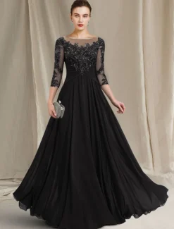 A-Line Mother of the Bride Dress Elegant Jewel Neck Floor Length Chiffon Lace 3/4 Length Sleeve with Pleats Appliques