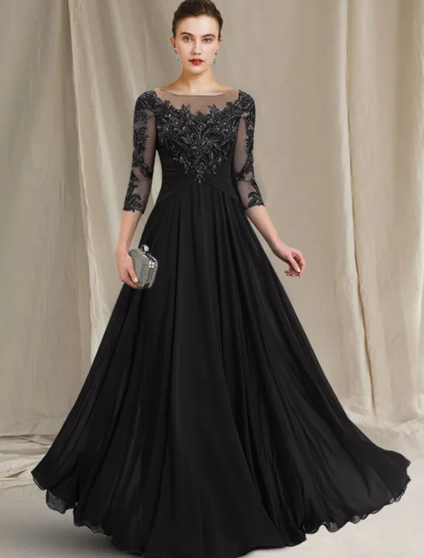 A-Line Mother of the Bride Dress Elegant Jewel Neck Floor Length Chiffon Lace 3/4 Length Sleeve with Pleats Appliques