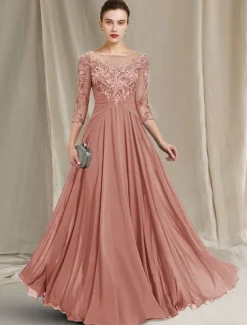 A-Line Mother of the Bride Dress Elegant Jewel Neck Floor Length Chiffon Lace 3/4 Length Sleeve with Pleats Appliques