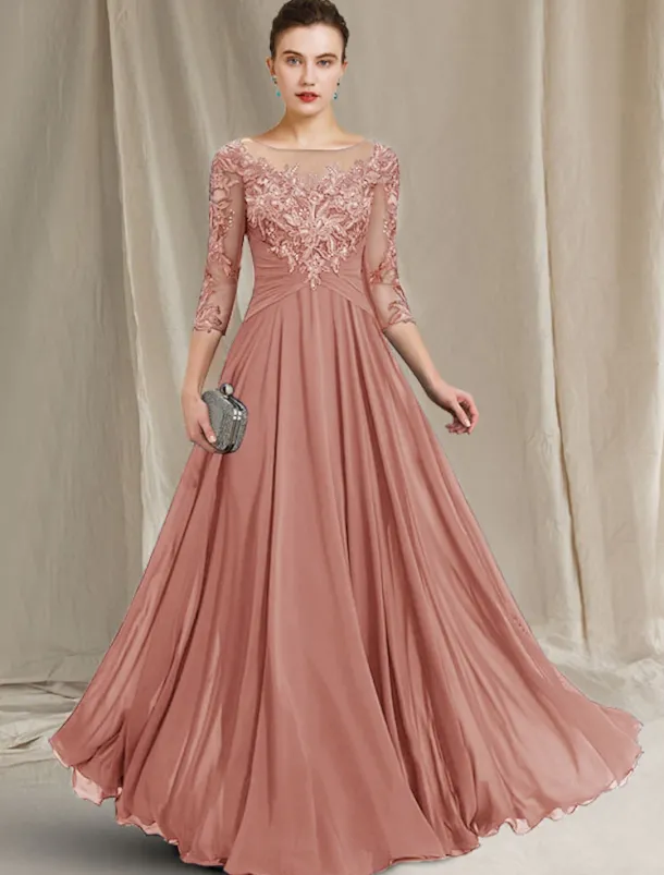 A-Line Mother of the Bride Dress Elegant Jewel Neck Floor Length Chiffon Lace 3/4 Length Sleeve with Pleats Appliques