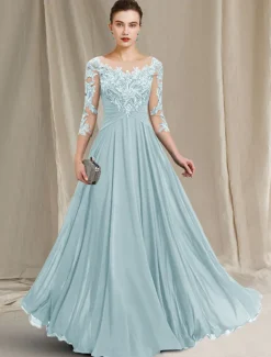 A-Line Mother of the Bride Dress Elegant Jewel Neck Floor Length Chiffon Lace 3/4 Length Sleeve with Pleats Appliques