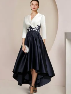A-Line Mother of the Bride Dress Tuxedo Dress Formal Wedding Guest Elegant High Low Shirt Collar Asymmetrical Tea Length Satin Lace with Appliques Color Block Race Day Dress
