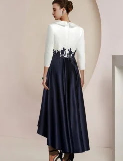 A-Line Mother of the Bride Dress Tuxedo Dress Formal Wedding Guest Elegant High Low Shirt Collar Asymmetrical Tea Length Satin Lace with Appliques Color Block Race Day Dress
