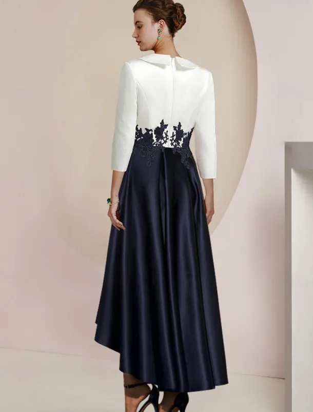 A-Line Mother of the Bride Dress Tuxedo Dress Formal Wedding Guest Elegant High Low Shirt Collar Asymmetrical Tea Length Satin Lace with Appliques Color Block Race Day Dress