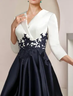 A-Line Mother of the Bride Dress Tuxedo Dress Formal Wedding Guest Elegant High Low Shirt Collar Asymmetrical Tea Length Satin Lace with Appliques Color Block Race Day Dress