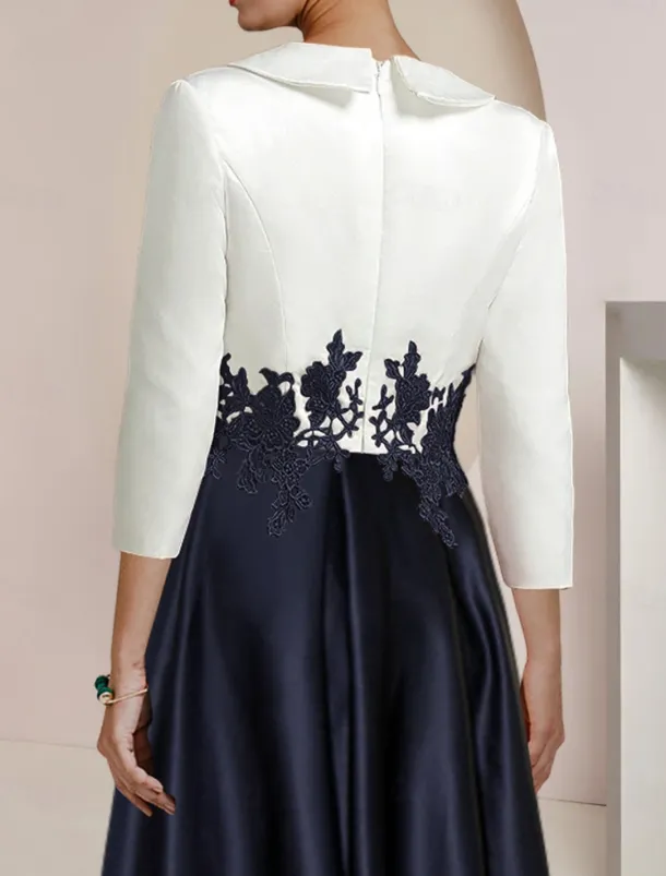 A-Line Mother of the Bride Dress Tuxedo Dress Formal Wedding Guest Elegant High Low Shirt Collar Asymmetrical Tea Length Satin Lace with Appliques Color Block Race Day Dress