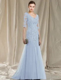 A-Line Mother of the Bride Dress Elegant V Neck Sweep / Brush Train Lace Tulle Half Sleeve No with Ruffles Appliques free custom size