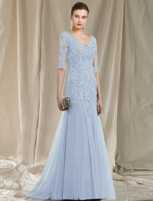A-Line Mother of the Bride Dress Elegant V Neck Sweep / Brush Train Lace Tulle Half Sleeve No with Ruffles Appliques free custom size