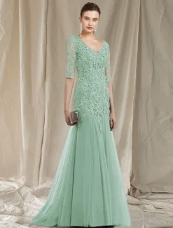 A-Line Mother of the Bride Dress Elegant V Neck Sweep / Brush Train Lace Tulle Half Sleeve No with Ruffles Appliques free custom size