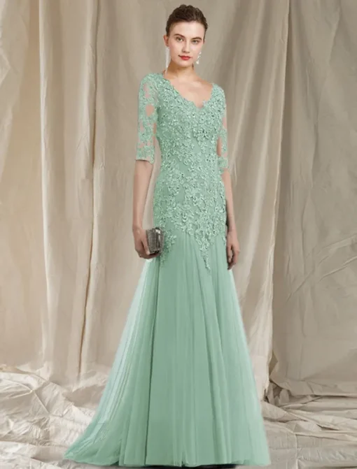 A-Line Mother of the Bride Dress Elegant V Neck Sweep / Brush Train Lace Tulle Half Sleeve No with Ruffles Appliques free custom size