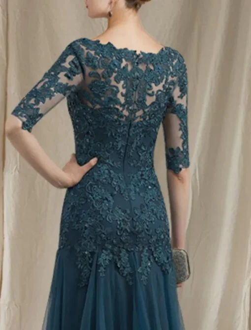 A-Line Mother of the Bride Dress Elegant V Neck Sweep / Brush Train Lace Tulle Half Sleeve No with Ruffles Appliques free custom size