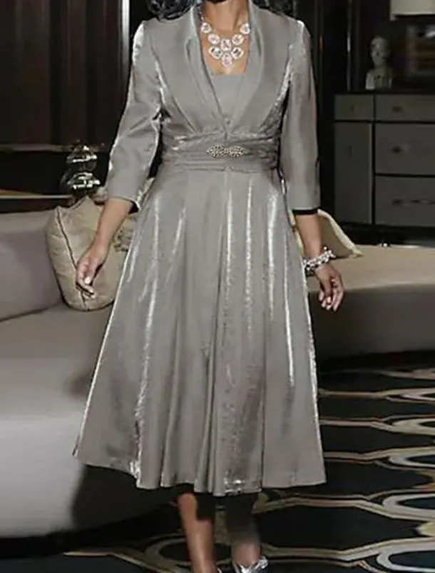 A-Line Mother of the Bride Dress Wedding Guest Elegant Vintage Plus Size Square Neck Tea Length 3/4 Length Sleeve Jacket Dresses with Ruching free custom size