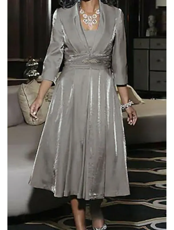 A-Line Mother of the Bride Dress Wedding Guest Elegant Vintage Plus Size Square Neck Tea Length 3/4 Length Sleeve Jacket Dresses with Ruching free custom size