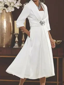 A-Line Mother of the Bride Dress Wedding Guest Elegant Vintage Plus Size Square Neck Tea Length 3/4 Length Sleeve Jacket Dresses with Ruching free custom size