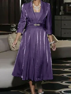 A-Line Mother of the Bride Dress Wedding Guest Elegant Vintage Plus Size Square Neck Tea Length 3/4 Length Sleeve Jacket Dresses with Ruching free custom size