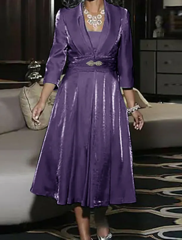 A-Line Mother of the Bride Dress Wedding Guest Elegant Vintage Plus Size Square Neck Tea Length 3/4 Length Sleeve Jacket Dresses with Ruching free custom size