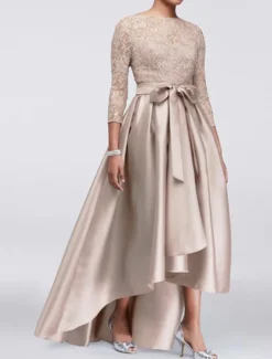 A-Line Mother of the Bride Dress Wedding Guest Elegant Plus Size High Low Jewel Neck Asymmetrical Satin Lace 3/4 Length Sleeve with Sash / Ribbon Appliques free custom size