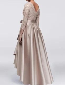 A-Line Mother of the Bride Dress Wedding Guest Elegant Plus Size High Low Jewel Neck Asymmetrical Satin Lace 3/4 Length Sleeve with Sash / Ribbon Appliques free custom size