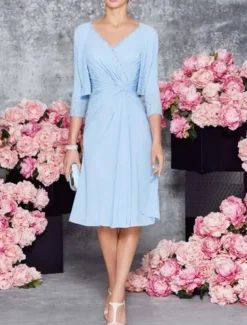 A-Line Mother of the Bride Dress Wedding Guest Elegant Party Petite V Neck Knee Length Chiffon Lace Half Sleeve with Ruching Solid Color