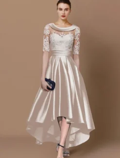 A-Line Mother of the Bride Dress Wedding Guest Elegant High Low Scoop Neck Asymmetrical Tea Length Satin Lace Half Sleeve with Appliques Race Day Dress free custom size