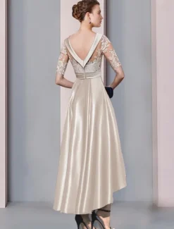 A-Line Mother of the Bride Dress Wedding Guest Elegant High Low Scoop Neck Asymmetrical Tea Length Satin Lace Half Sleeve with Appliques Race Day Dress free custom size