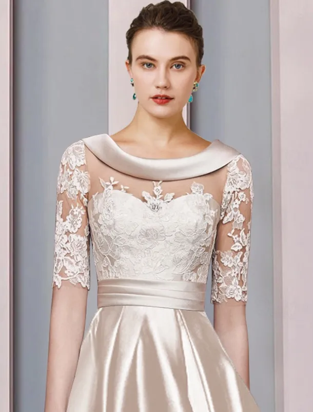 A-Line Mother of the Bride Dress Wedding Guest Elegant High Low Scoop Neck Asymmetrical Tea Length Satin Lace Half Sleeve with Appliques Race Day Dress free custom size