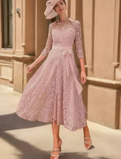 A-Line Mother of the Bride Dress Elegant High Low V Neck Tea Length 3/4 Length Sleeve with Lace free custom size