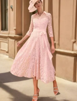 A-Line Mother of the Bride Dress Elegant High Low V Neck Tea Length 3/4 Length Sleeve with Lace free custom size