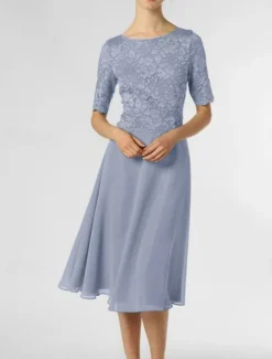 A-Line Mother of the Bride Dress Wedding Guest Elegant Petite Scoop Neck Knee Length Chiffon Half Sleeve with Pleats Solid Color free custom size