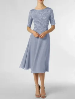 A-Line Mother of the Bride Dress Wedding Guest Elegant Petite Scoop Neck Knee Length Chiffon Half Sleeve with Pleats Solid Color free custom size