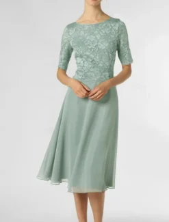 A-Line Mother of the Bride Dress Wedding Guest Elegant Petite Scoop Neck Knee Length Chiffon Half Sleeve with Pleats Solid Color free custom size