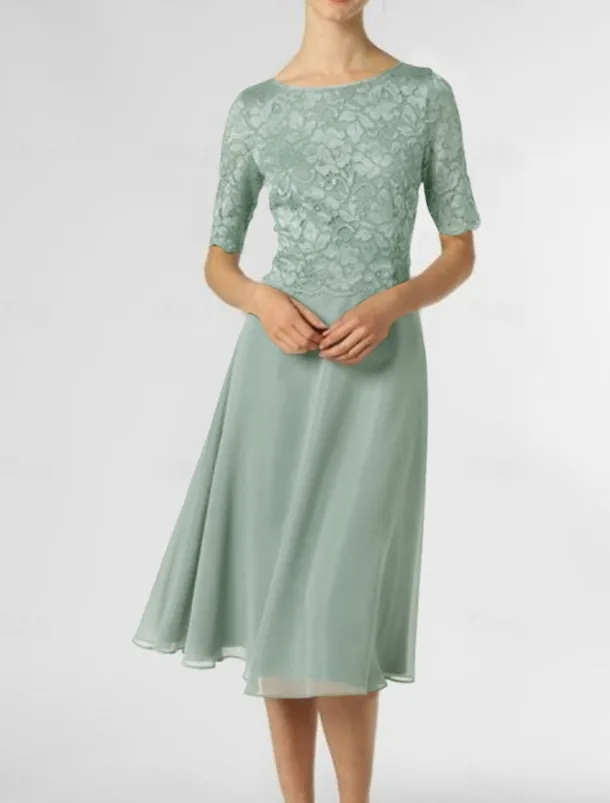 A-Line Mother of the Bride Dress Wedding Guest Elegant Petite Scoop Neck Knee Length Chiffon Half Sleeve with Pleats Solid Color free custom size