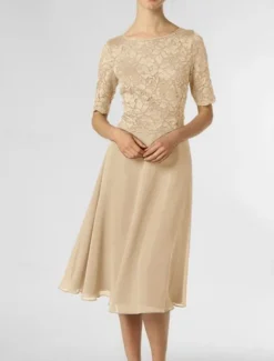 A-Line Mother of the Bride Dress Wedding Guest Elegant Petite Scoop Neck Knee Length Chiffon Half Sleeve with Pleats Solid Color free custom size