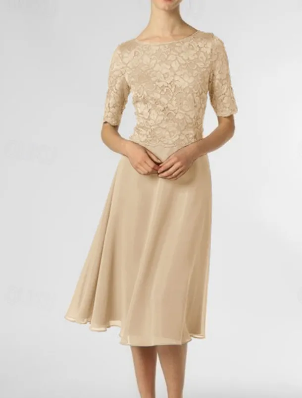 A-Line Mother of the Bride Dress Wedding Guest Elegant Petite Scoop Neck Knee Length Chiffon Half Sleeve with Pleats Solid Color free custom size