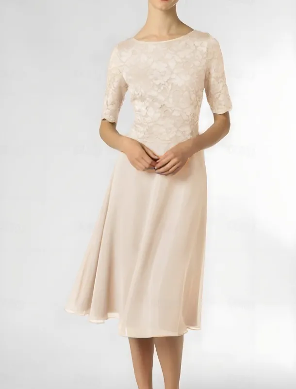 A-Line Mother of the Bride Dress Wedding Guest Elegant Petite Scoop Neck Knee Length Chiffon Half Sleeve with Pleats Solid Color free custom size