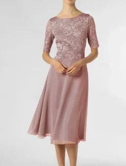 A-Line Mother of the Bride Dress Wedding Guest Elegant Petite Scoop Neck Knee Length Chiffon Half Sleeve with Pleats Solid Color free custom size