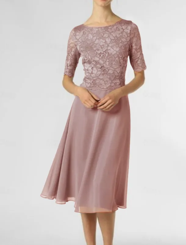 A-Line Mother of the Bride Dress Wedding Guest Elegant Petite Scoop Neck Knee Length Chiffon Half Sleeve with Pleats Solid Color free custom size