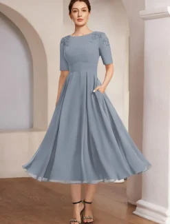 A-Line Mother of the Bride Dress Beach Wedding Formal Elegant Bateau Neck Tea Length Chiffon Half Sleeve with Lace free custom size