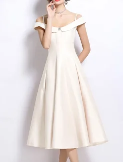 A-Line Party Dresses Elegant Dress Wedding Wedding Guest Tea Length Sleeveless Off Shoulder Polyester Backless with Pleats
