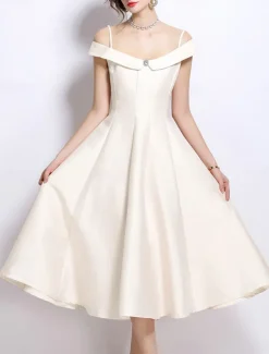 A-Line Party Dresses Elegant Dress Wedding Wedding Guest Tea Length Sleeveless Off Shoulder Polyester Backless with Pleats