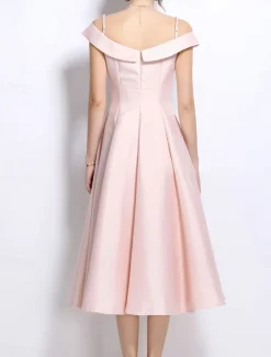 A-Line Party Dresses Elegant Dress Wedding Wedding Guest Tea Length Sleeveless Off Shoulder Polyester Backless with Pleats