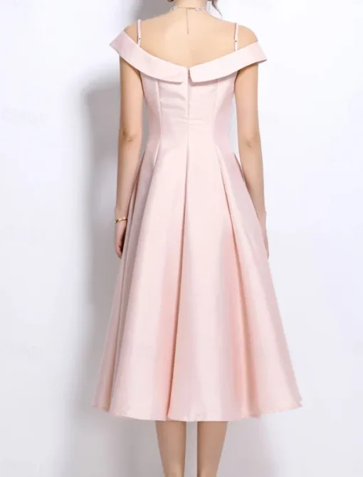 A-Line Party Dresses Elegant Dress Wedding Wedding Guest Tea Length Sleeveless Off Shoulder Polyester Backless with Pleats